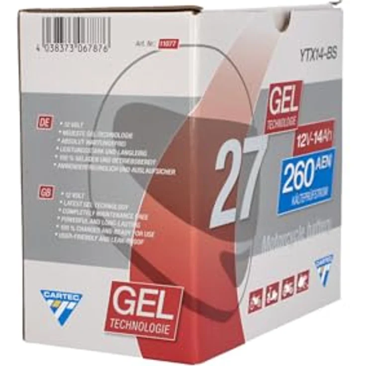 CARTEC Motorradbatterie YTX14-BS, 14Ah, 260A, wartungsfrei, Gel-Technologie, rüttelfest, schwarz – Bild 8