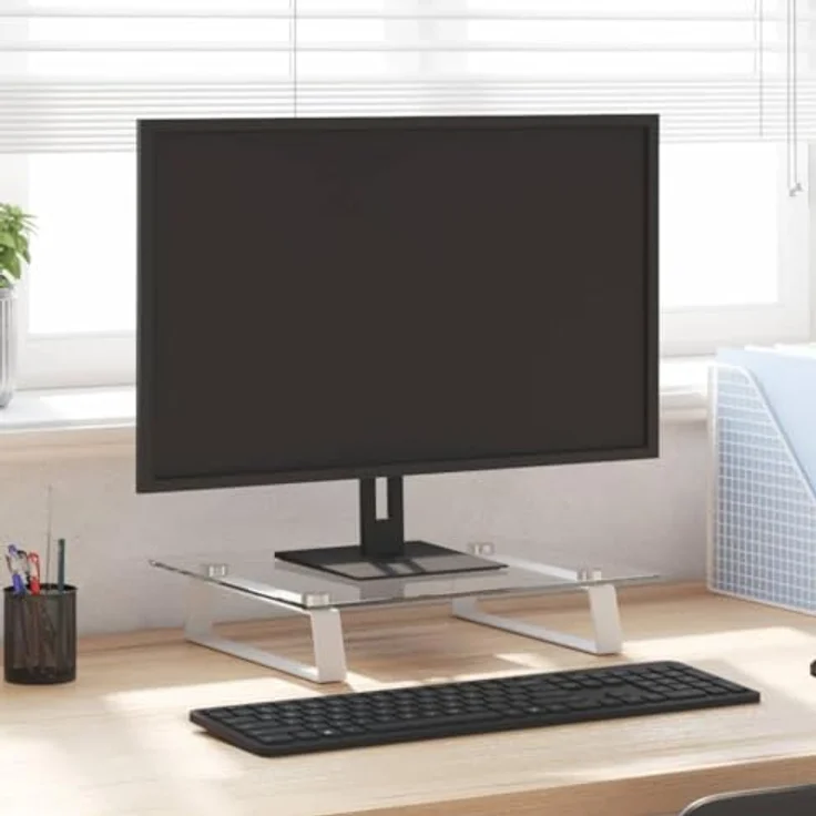vidaXL Monitorständer, Monitorerhöhung mit Stauraum, Ständer Halterung für Monitor Laptop Drucker, Schreibtischaufsatz Bildschirmerhöhung, Weiß 40x35x8cm Hartglas Metall – Bild 2