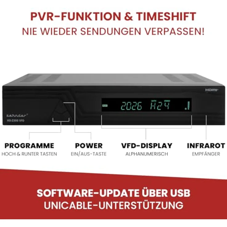 Zehnder HX 2300 VFD, Digital Sat-Receiver mit PVR Aufnahmefunktion, HD fähig, Full HD, alphanumerisches Display, Unicable-Unterstützung, HDMI & SCART Anschluss – Bild 5