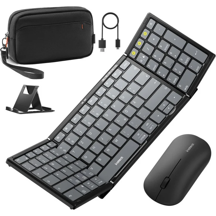 Inateck Faltbare Kabellos Klappbare Tastatur mit Ziffernblock, 3 Kanäle, inklusive Maus-Set, Ständer und Zubehör Tasche für iPad, iPhone, Mac, Android, Windows