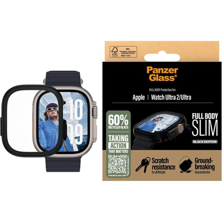 PanzerGlass Screen Protector Snappie Full Body Slim Black für Apple Watch Ultra 2 – 60% recyceltes Glas, stoß- und kratzfest, 100% Touch-Sensitiv, einfache Installation