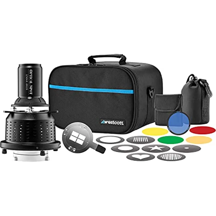 Westcott Lindsay Adler Optischer Spot (Bowens Mount) mit 150 mm EF-Objektiv, 8 GOBO-Designs, 5 Farbgele und Reiseetui