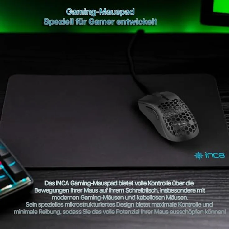İnca IMP-020 Mauspad, Gaming Mousepad mit glatter Mikrotextur-Oberfläche, rutschfester Gummibasis, langlebig, schwarz, 270×350 mm – Bild 2