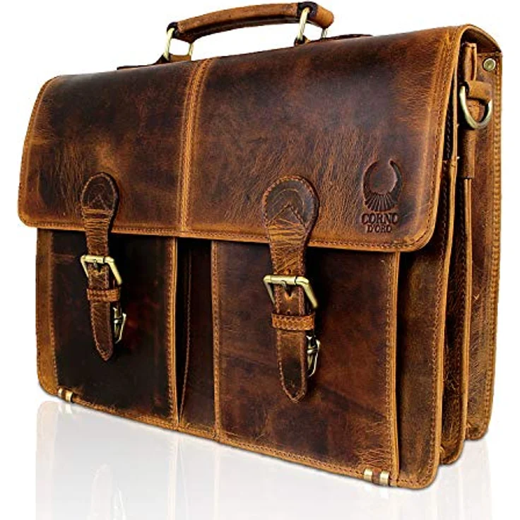 Corno d´Oro Premium Laptoptasche Echt Leder 15.6 Zoll Braun – Handgefertigte Umhängetasche für Herren & Damen, Business Organizer, MacBook & Laptop Tasche – Bild 1