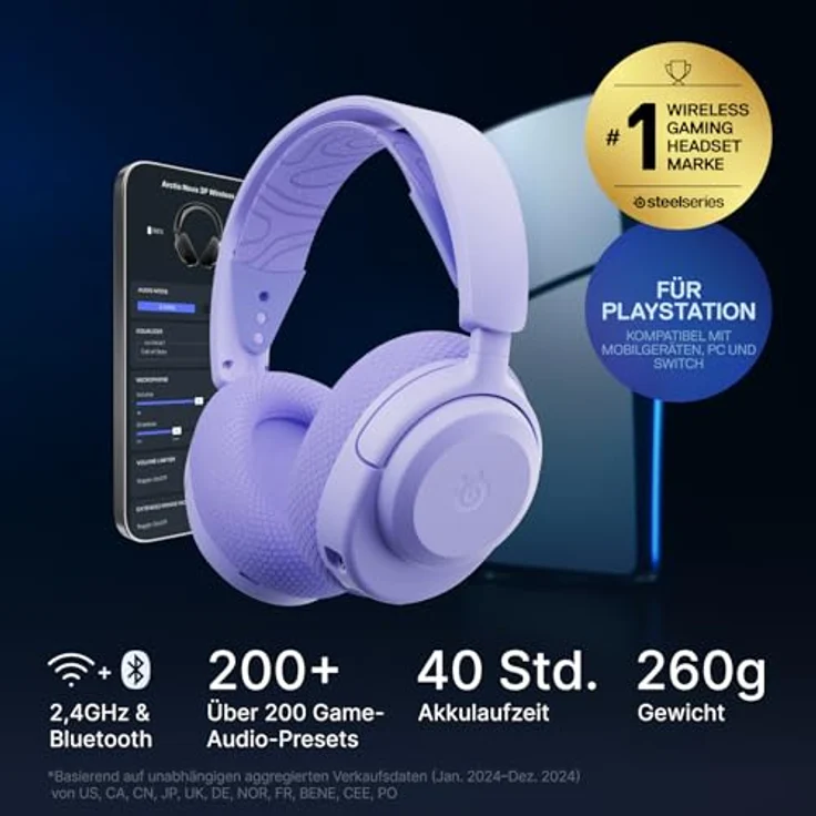 SteelSeries Arctis Nova 3P, Wireless Gaming-Headset mit App-Steuerung, 40 Std. Akku, Neodym-Treiber, 2,4 GHz/Bluetooth, abnehmbares Mikrofon, PS5/PS4/PC/Switch/Mobilgeräte - Lavendel – Bild 2