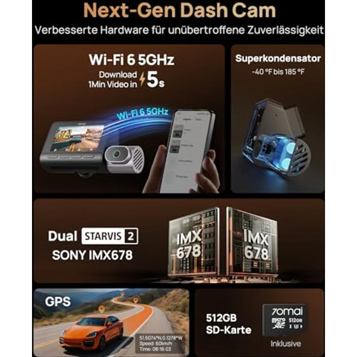 70mai Dashcam 4K T800, Dreikanal-Dual-4K Dashcam mit 512GB SD Karte, HDR, 4G LTE, KI-Bewegungserkennung, IR Nachtsicht, 24/7 Parküberwachung, GPS, WiFi – Bild 3