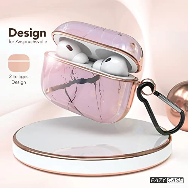EAZY CASE AirPods Pro 2 Hülle Rosa Hard Case Stoßfest mit Karabiner - Antikratz, rutschfest, Rosegold Marmor – Bild 2