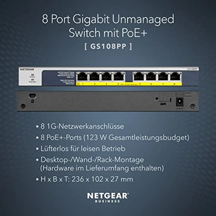 Netgear GS108PP 8-Port Gigabit Ethernet LAN PoE Switch Unmanaged (mit 8x PoE+ 123W erweiterbar, Desktop- oder Rack-Montage mit ProSAFE Lifetime-) – Bild 2