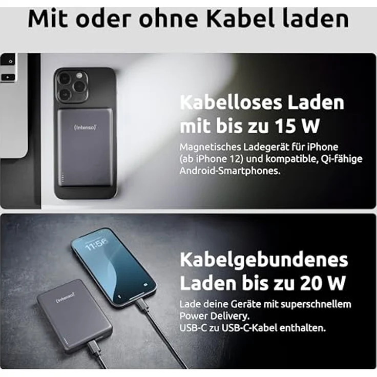 Intenso MW10000 Magnetische Powerbank 10000 mAh, MagSafe kompatibel, Wireless Charging 15W, USB-C PD 20W, Grau – Bild 2