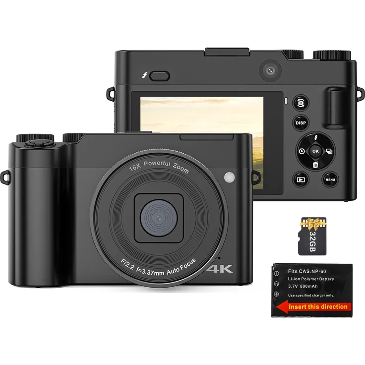 Lixada 4K-Digitalkamera, digitale Videokamera mit 64 MP, Doppelobjektiv, 2,8 Zoll IPS-Bildschirm, Autofokus, 16-facher Digitalzoom, integrierter Blitz, 32 GB TF-Karte, Schwarz