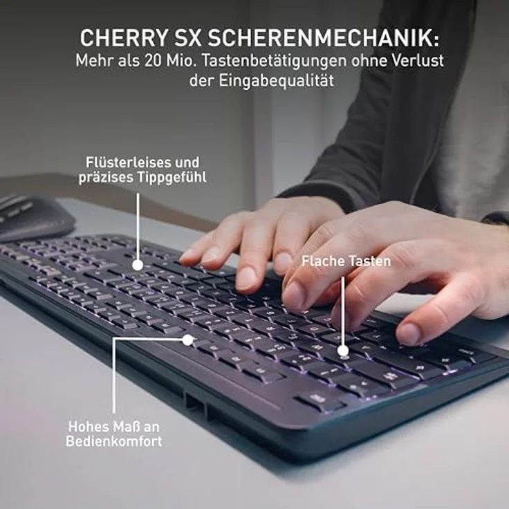 CHERRY Stream Desktop Ultimate, Kabelloses Multi-Device Tastatur-Maus-Set mit ergonomischer Rechtshändermaus, Französisches Layout (AZERTY), Schwarz, Aufladbar, 5-stufig dimmbare Beleuchtung – Bild 4