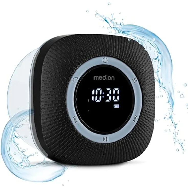 MEDION P66096 Duschradio mit Bluetooth (Badradio, UKW Radio, Saugnapf, LED-Display, IPX6 Wasserdicht, integrierter Akku, MD43884) schwarz