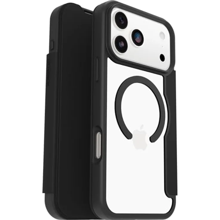 OtterBox React Series Folio MagSafe Hülle für iPhone 17 Pro Max, stoßfest, sturzsicher, mit Kartenhaltern, transparent/schwarz, getestet nach Militärstandard