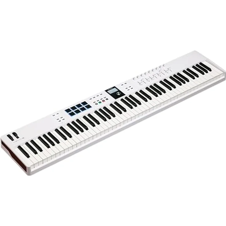 Arturia KeyLab Essential 88 mk3 Universal-MIDI-Controller-Keyboard für Musikproduktion - Weiß, inklusive Pro-Software, 88 Vollformat-Tasten, 9 Drehregler, 9 Fader, Modulations-/Bend-Räder und 8 Pads