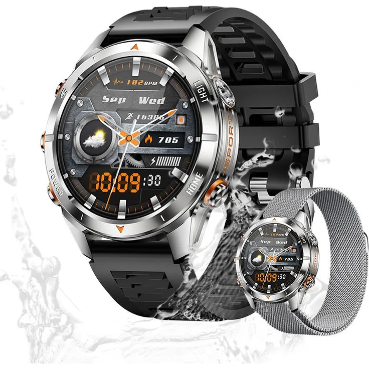 Valdus Herren Fitness-Tracker, IPX8-3ATM wasserdichte Smartwatch mit Telefonfunktion, Herzfrequenzmessung, Schlafanalyse & Musiksteuerung – Silber