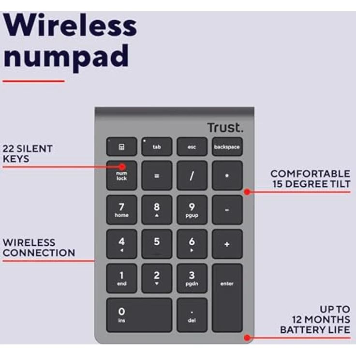 Trust XALAS Wireless Numpad, kabelloses Ziffernblatt mit 2x AAA-Batterien, kompakte Größe (13x8,8x2cm) – Bild 2