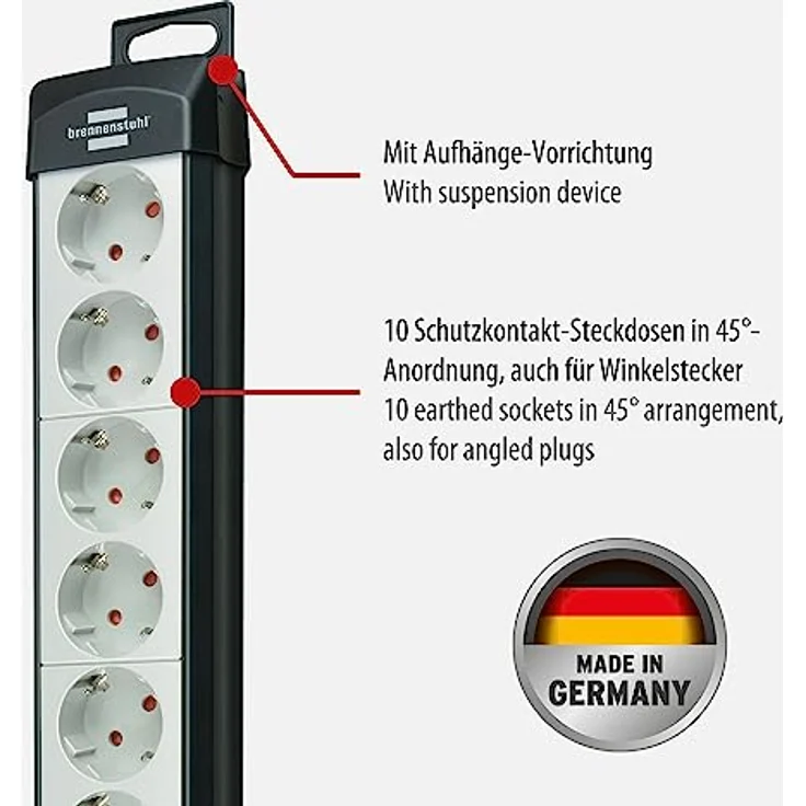 Brennenstuhl Premium-Line, Steckdosenleiste 10-fach (Steckerleiste mit Schalter und 1,8m Kabel - 45° Winkel der Schutzkontakt-Steckdosen, Made in Germany) schwarz-grau – Bild 2
