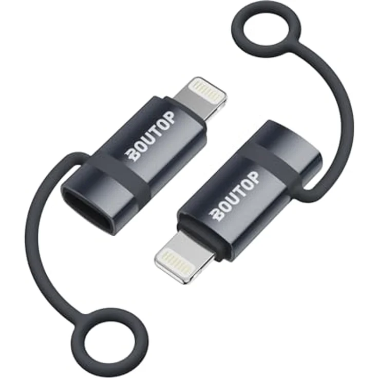 BOUTOP USB C auf Lightning Adapter, 36W für Schnelles Laden und Datenübertragung, 2 Stück mit Anti-Verlust-Seil, Dunkelgrau, MFi Zertifiziert für iPhone 14 und iPad Air 4/Mini 5 – Bild 1