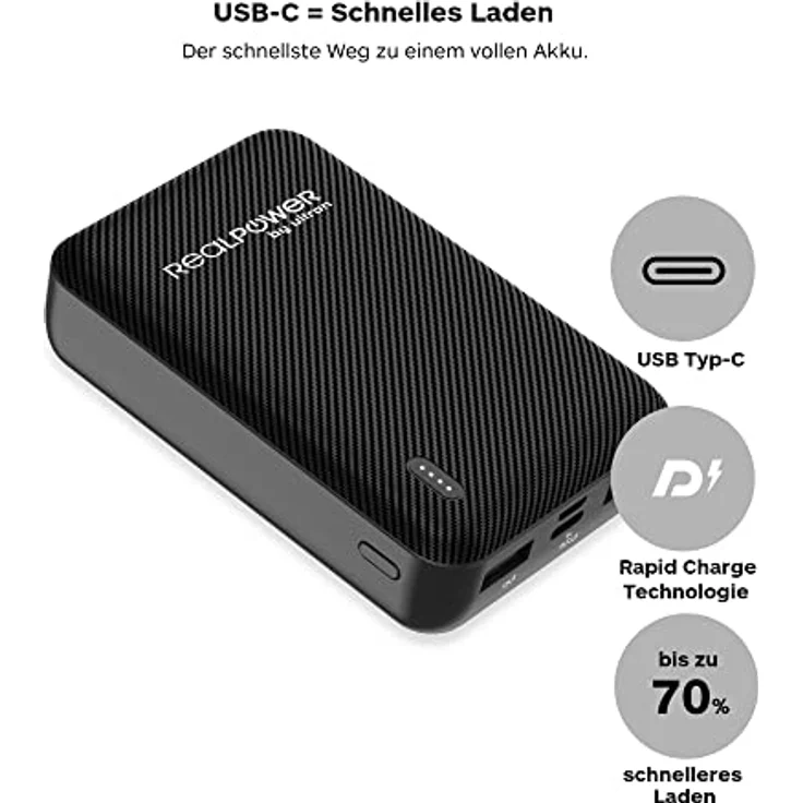 RealPower PB-10000 SE Powerbank, 10000mAh externer Akku Ladegerät mit 2 USB Ports, USB C EIN- Ausgang Kompatibel mit iPhone 14 13 12 Pro Max iPad Samsung S21 Xiaomi und mehr – Inkl. USB-C Ladekabel – Bild 3