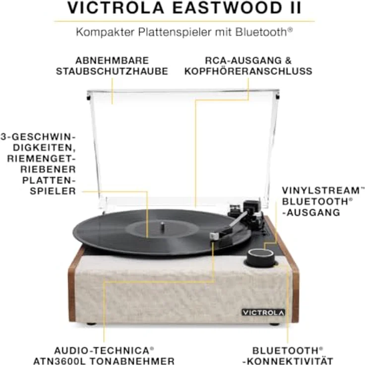 Victrola Eastwood II, halbautomatischer Plattenspieler mit Bluetooth, in Braun, inklusive Staubschutzdeckel – Bild 2