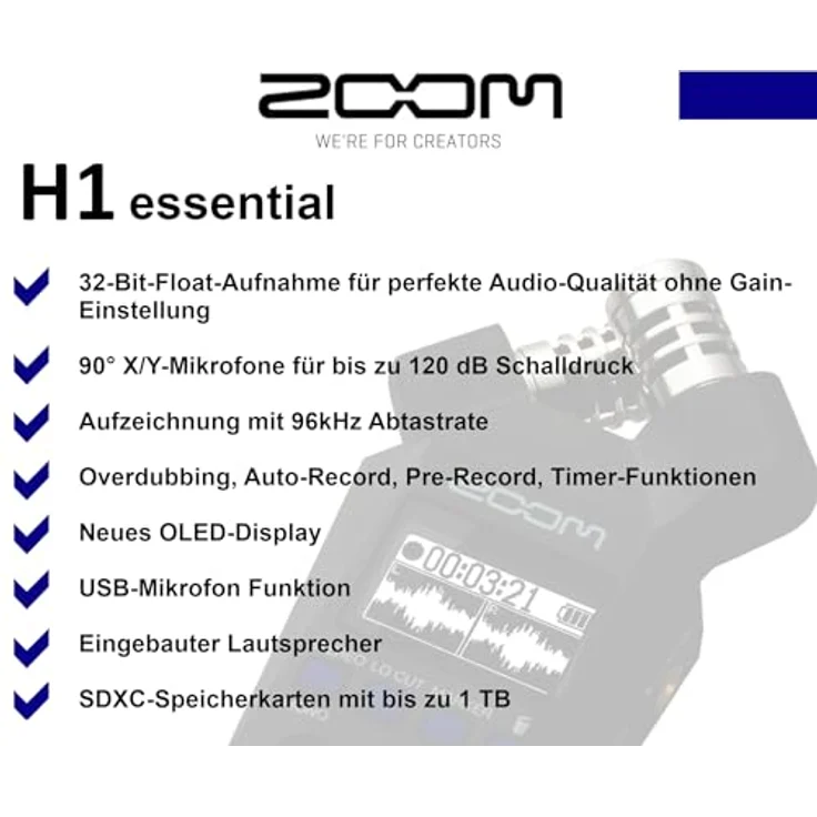 Zoom H1essential Mobiler Stereo Audio-Recorder, 32-Bit-Float-Aufnahme, XY-Mikrofone, USB-C Anschluss, OLED-Display – Bild 10