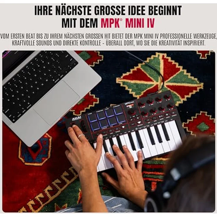 Akai Professional MPK Mini IV, USB-C MIDI Keyboard Controller mit 25 anschlagdynamischen Tasten, 8 MPC Drum Pads, DAW-Integration, 1000+ Sounds, Schwarz – Bild 2