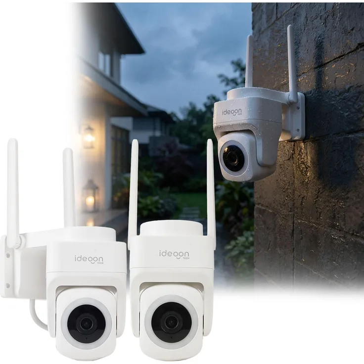 ideoon 2er-Set Outdoor Überwachungskamera 2K WLAN IP65, 355° Drehung mit Personenerkennung, Nachtsicht, Intercom-System und App-Steuerung