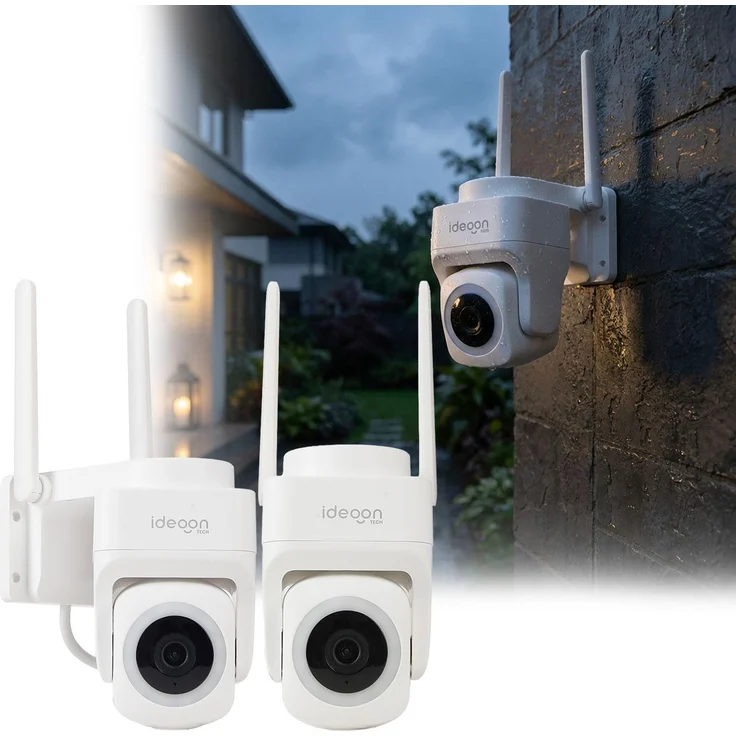 ideoon 2er-Set Outdoor Überwachungskamera 2K WLAN IP65, 355° Drehung mit Personenerkennung, Nachtsicht, Intercom-System und App-Steuerung
