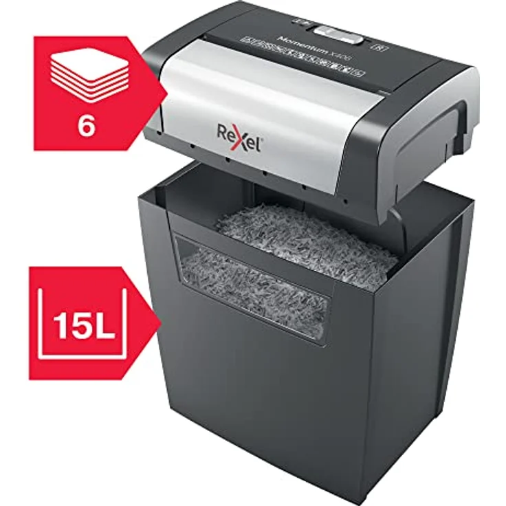 Rexel Aktenvernichter Momentum X406, Sicherheitsstufe P4, Partikelschnitt, 6 Blatt Kapazität, 15L Abfallbehälter, Schwarz, 2104569EU – Bild 3