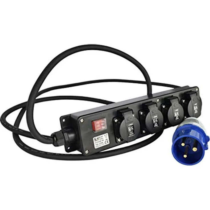 K&S Könner&Söhnen KS EX3M-4S Verlängerungskabel mit 4 Steckdosen und 1.5 m Länge, 32 A Stecker, 3.6 kW Belastbarkeit, gummiertes, wetterfestes Kabel