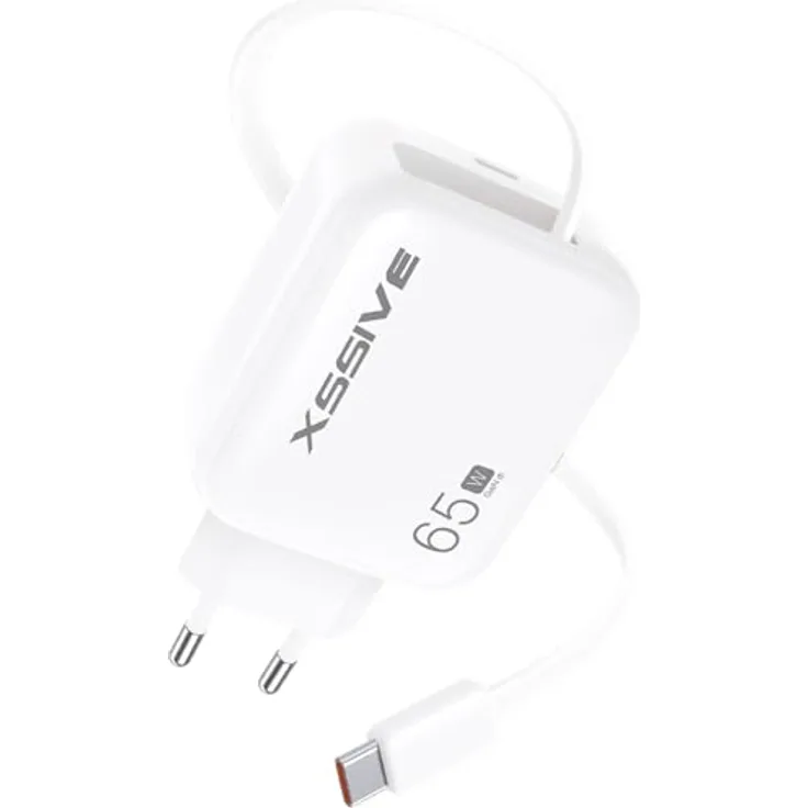 Xssive XSS-AC80, 65W PD Schnellladegerät mit einziehbarem USB-C Kabel und Dual-Ladefunktion, kompakt und weltweit einsetzbar