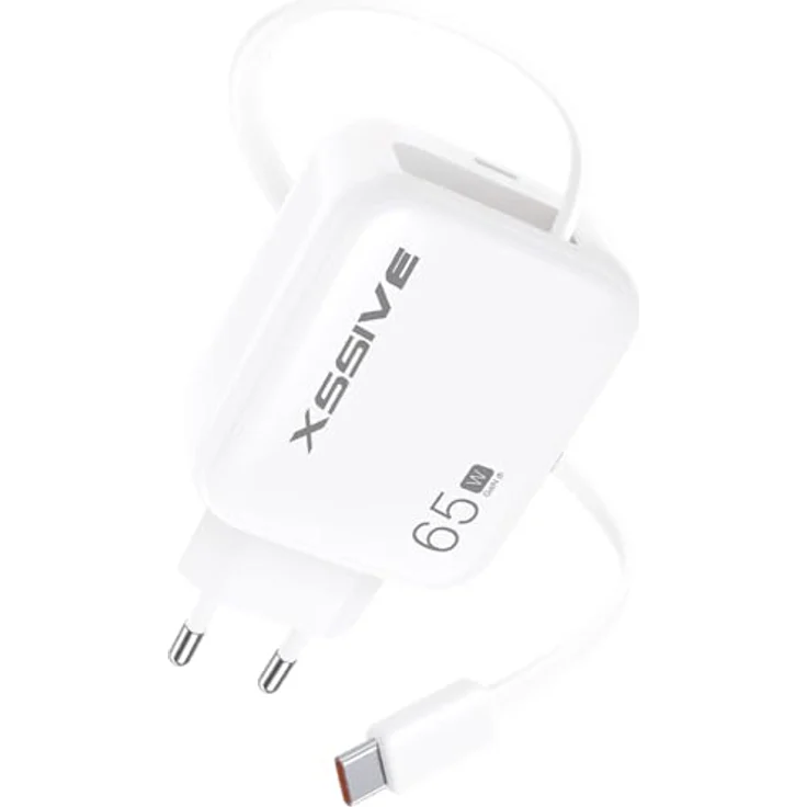 Xssive XSS-AC80, 65W PD Schnellladegerät mit einziehbarem USB-C Kabel und Dual-Ladefunktion, kompakt und weltweit einsetzbar – Bild 1