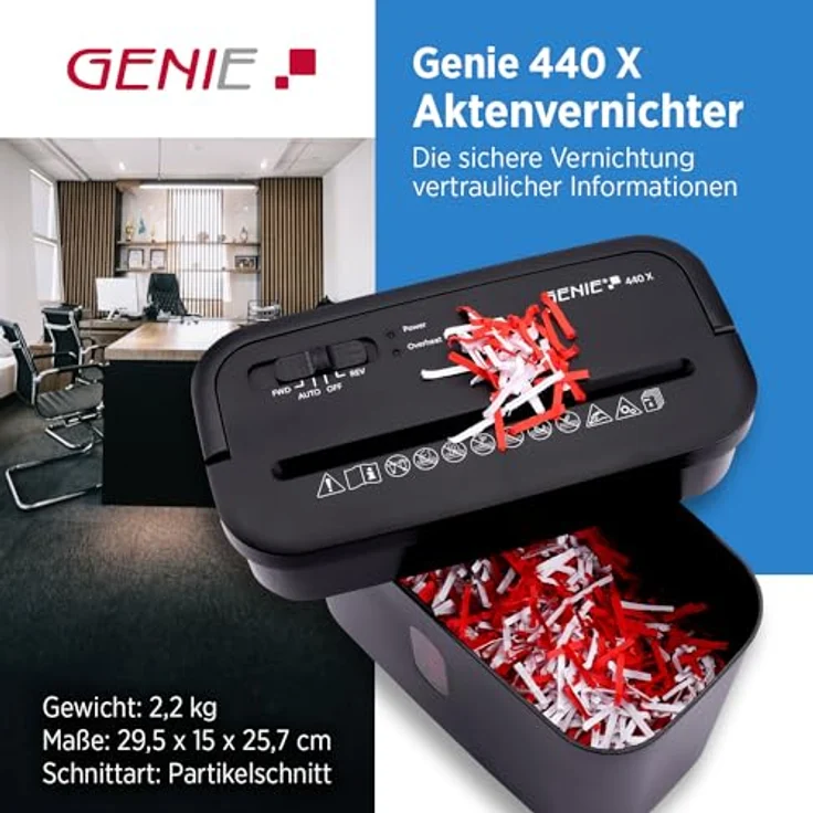 GENIE Aktenvernichter 440 X, Partikelschnitt 4x38 mm, 4 Blatt, 8 Liter, Schwarz - Preisvergleich – Bild 2