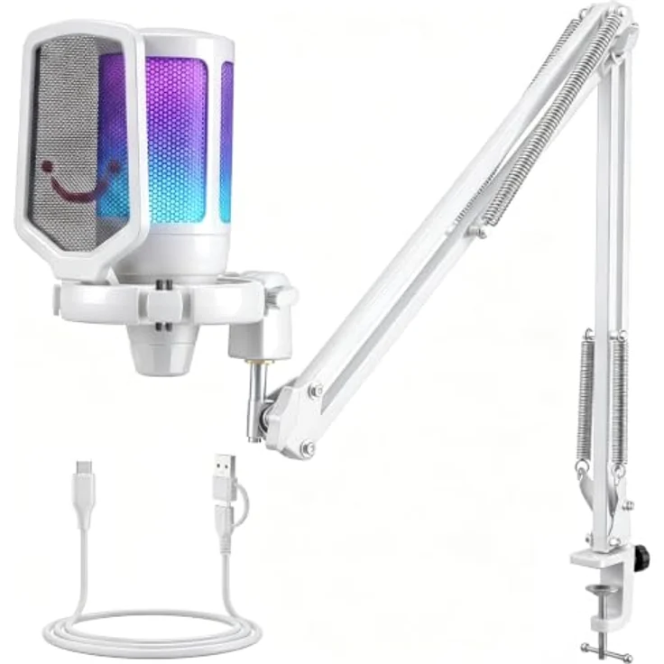 FIFINE USB Mikrofon mit Arm, Typ A/C, Weiß, für MAC PS4 PS5, mit Stummschalttaste, Popfilter, Shock Mount, ideal für Streaming und Podcasts – Bild 1