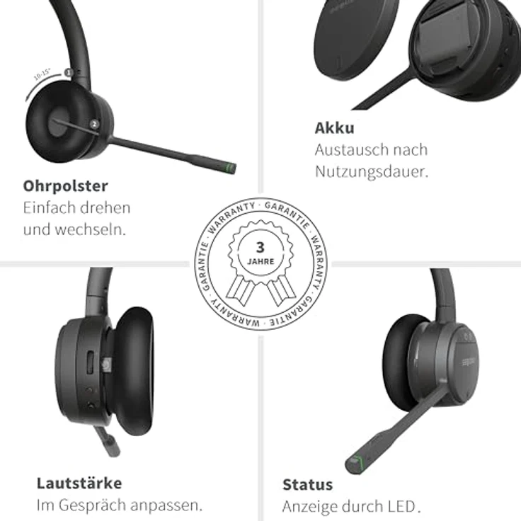 GEQUDIO GC-1 DECT Headset, Kabellos für FritzBox mit Anrufsteuerung, Duales Bluetooth-Headset für PC und Smartphone, HD Audio (1-Ohr) – Bild 4