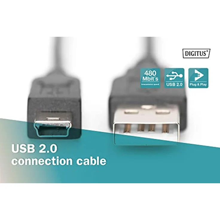Assmann/Digitus USB 2.0 CONNECTION CABLE A-B USB 2.0 Connection Cable, 480Mbit/s, USB A - USB mini B, St/St, 1.8m, Schwarz (AK-300130-018-S) – Bild 5