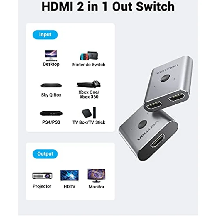 VENTION HDMI Switch 2 IN 1 Out Aluminium 4K Splitter Unterstützt Bidirektional HD 3D 1080P (Schwarz) – Bild 2
