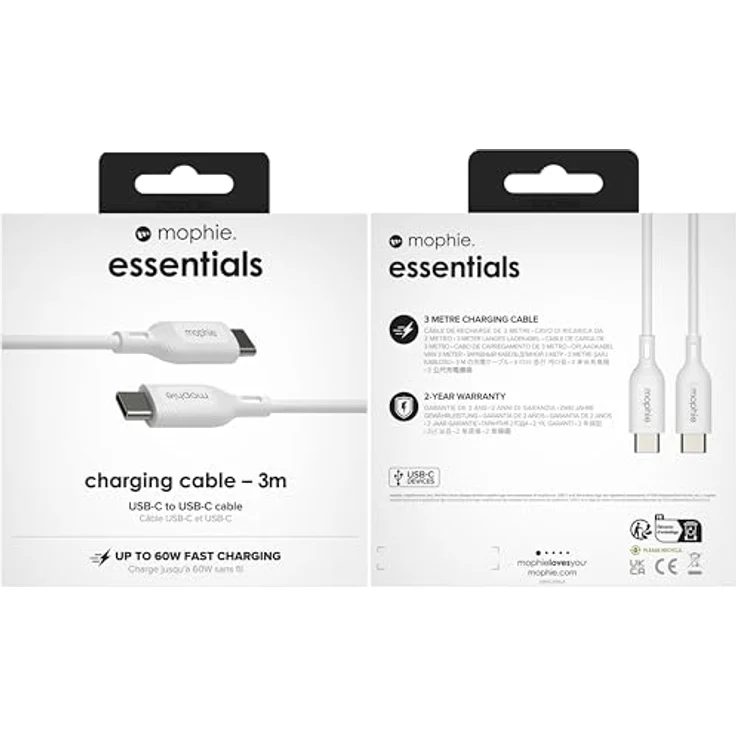 ZAGG mophie Essentials USB-C auf USB-C Schnellladekabel, langlebig, strapazierfähig, 60W, 3m, weiss – Bild 5