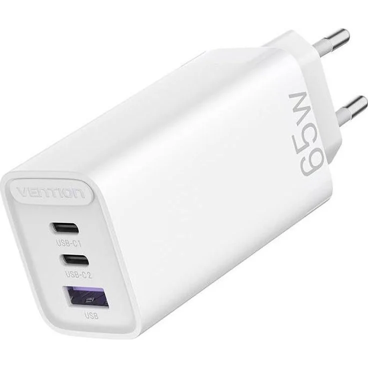 Vention FEDW0-EU Wandladegerät, 2xUSB-C (65W/30W) und USB-A (30W), PD 3.0, kompakt, Weiss