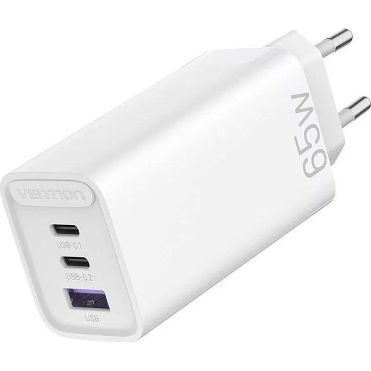 Vention FEDW0-EU Wandladegerät, 2xUSB-C (65W/30W) und USB-A (30W), PD 3.0, kompakt, Weiss