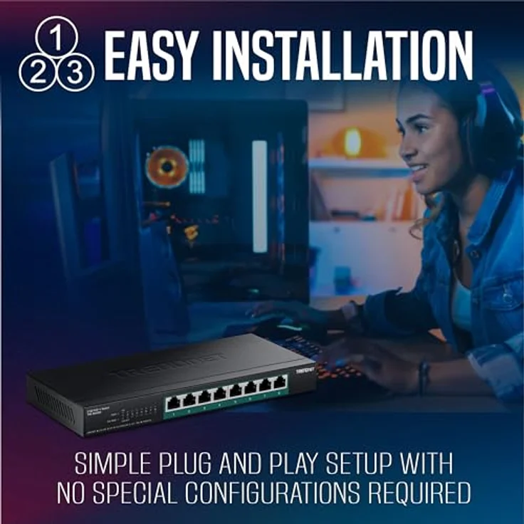 Trendnet 8-Port 2.5G PoE++ Switch, unmanaged Netzwerk Switch mit 230 Watt Gesamtbudget, 40 Gbit/s Switching-Kapazität, Jumbo-Frame-Unterstützung, Schwarz – Bild 3