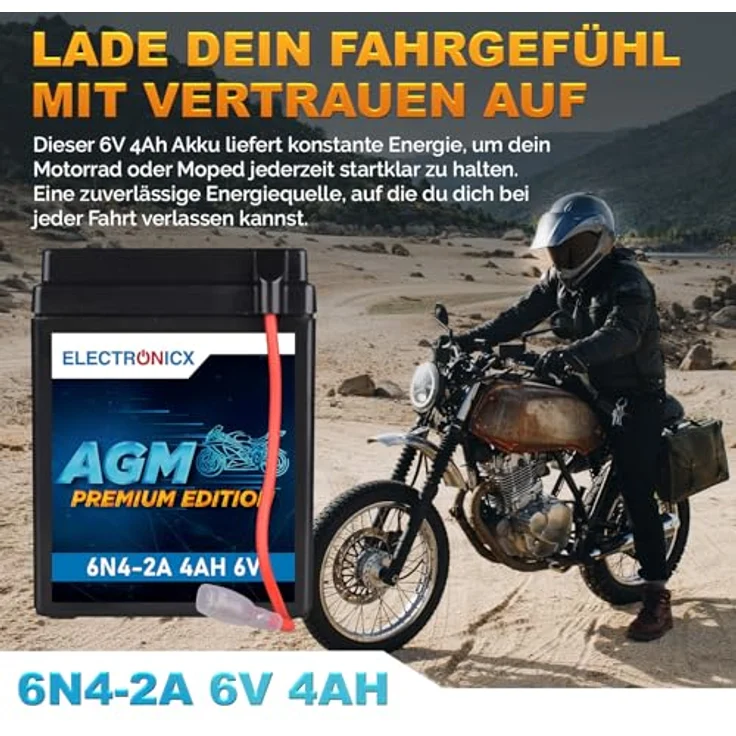 Electronicx AGM-6N4-2A, AGM Motorradbatterie 4.5Ah 6V, wartungsfrei, auslaufsicher, rüttelfest für Motorrad, Roller und Quad – Bild 2