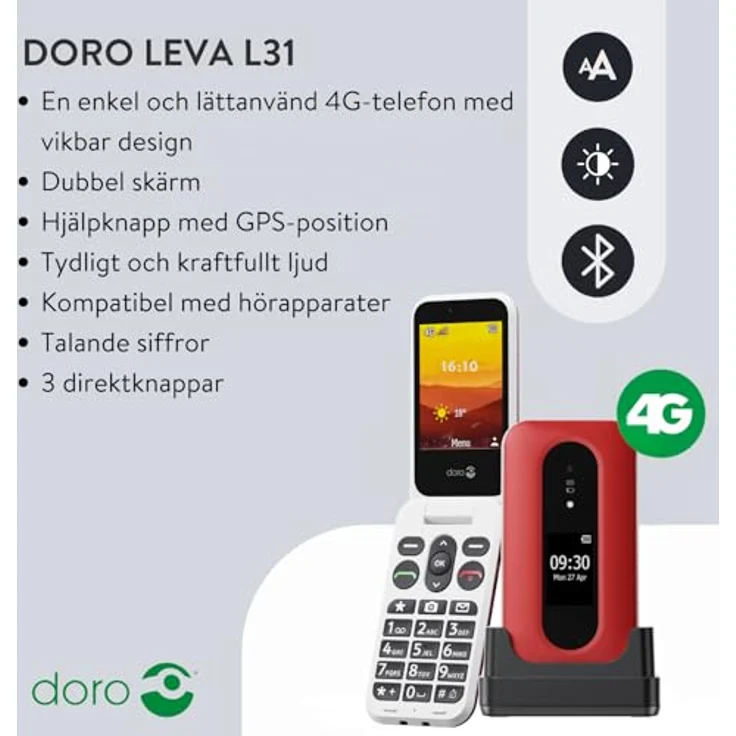 Doro Leva L31 Klapphandy, Single SIM, 7,11 cm (2.8") Display, 2 MP Kamera, 1150 mAh Akku, Rot & Weiß – Bild 2