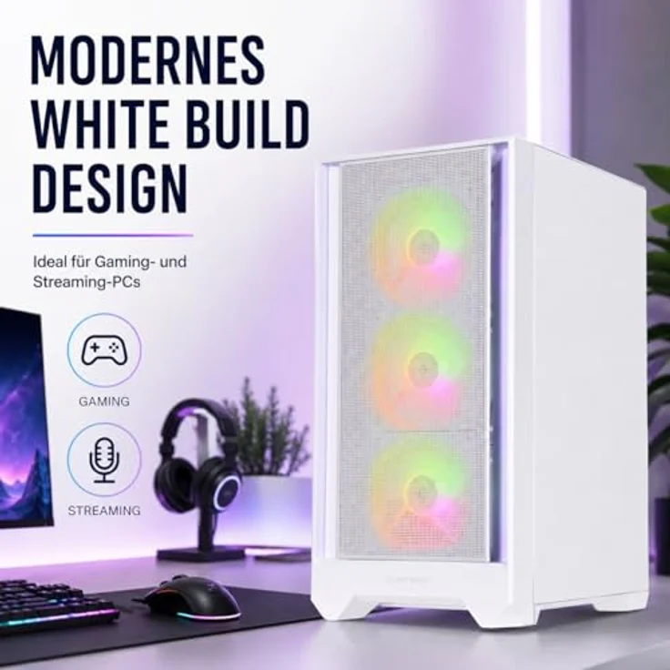 SILENTWARE Flow 110 White A-RGB Midi Tower PC-Gehäuse, 4x 120mm A-RGB Lüfter, Glas-Seitenfenster, Meshfront, GPU bis 380mm, ATX/mATX/ITX – Bild 3