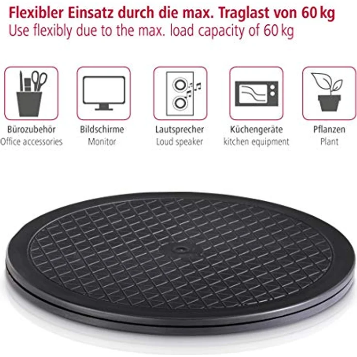 Hama Universal-Drehteller, 360° drehbar (Drehscheibe geeignet für Büro, Zuhause, Hobby, Gewürze, PC, Telefon, Küchen-Geräte, uvm., Drehplatte mit Durchmesser 25,5 cm, bis zu 60 kg, rund) Schwarz – Bild 2