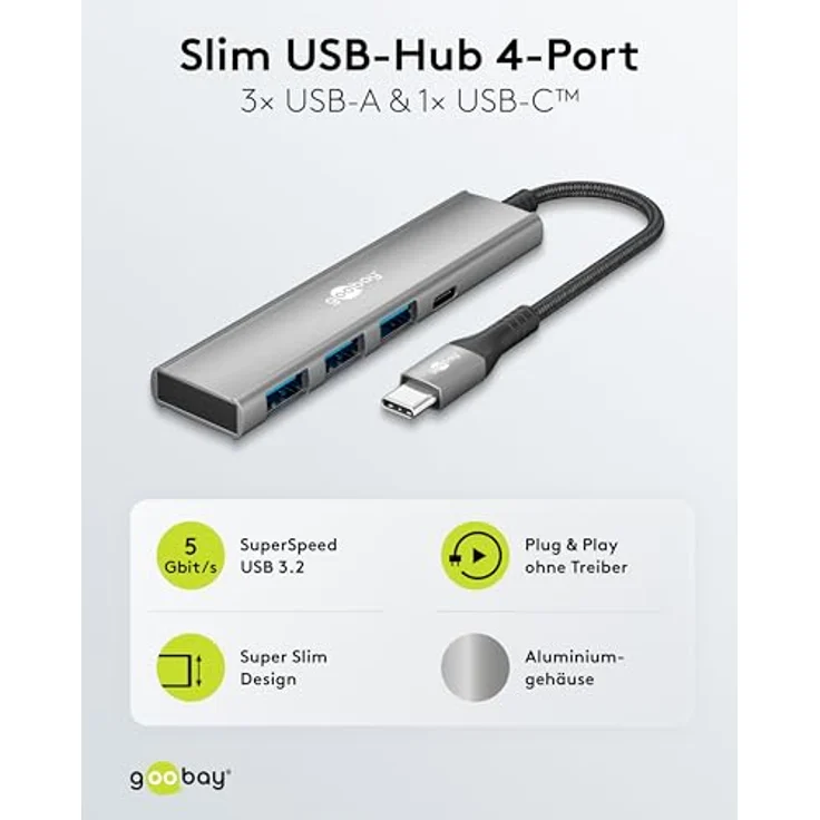 goobay USB-C Hub 4-Port, Multiport Adapter mit 3x USB-A und 1x USB-C, Aluminium-Design, USB 3.2 SuperSpeed 5 Gbit/s, ideal für MacBook, Laptop, Tablet - 76562 – Bild 2