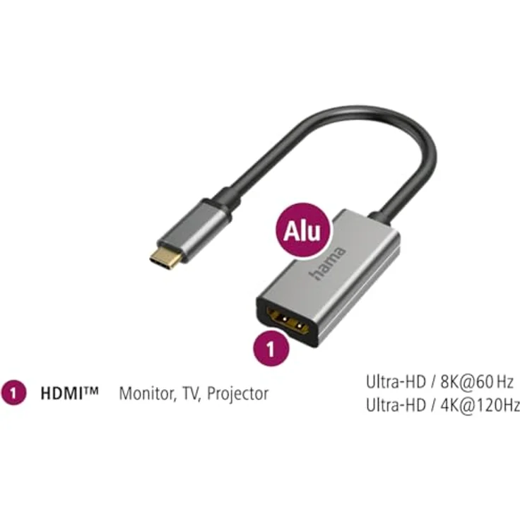 Hama USB-C HDMI Adapter, 8K, 60 Hz, Thunderbolt 3/4/5, vergoldeter Stecker, Aluminium-Gehäuse, 15 cm Kabellänge – Bild 2