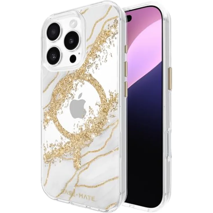 Case-Mate Karat Marble Mag-Safe Schutzhülle kompatibel mit Apple iPhone 16 Pro Hülle Gold (Stoßfest, Echtes 24 Karat Blattgold, 3,6 m Fallschutz, Recyceltes Material) - Marmor/Transparent