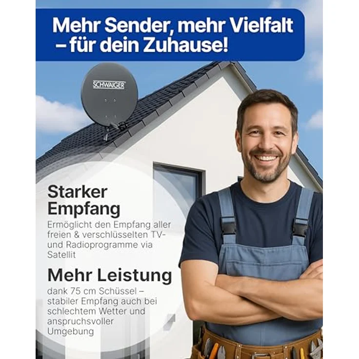 SCHWAIGER Satellitenschüssel Ø 80 cm, Wetterfeste Offset Antenne in anthrazit, Multifeed geeignet mit LNB Tragarm & Masthalterung, maximale Empfangsleistung 38,5 dB – Bild 2