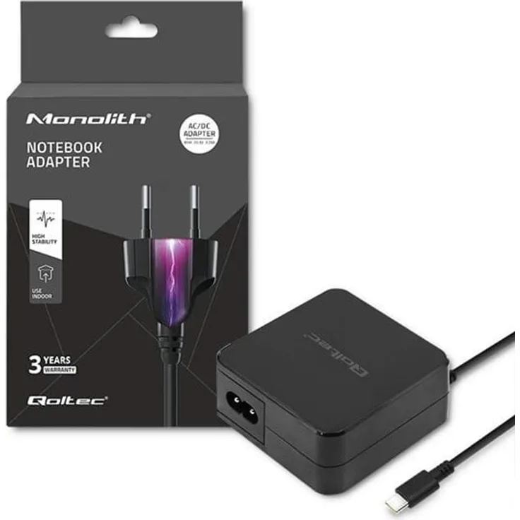 Qoltec USB-C Netzteil 51027, 65 W mit Power Delivery, Schwarz, Schutz vor Überspannung und Überhitzung
